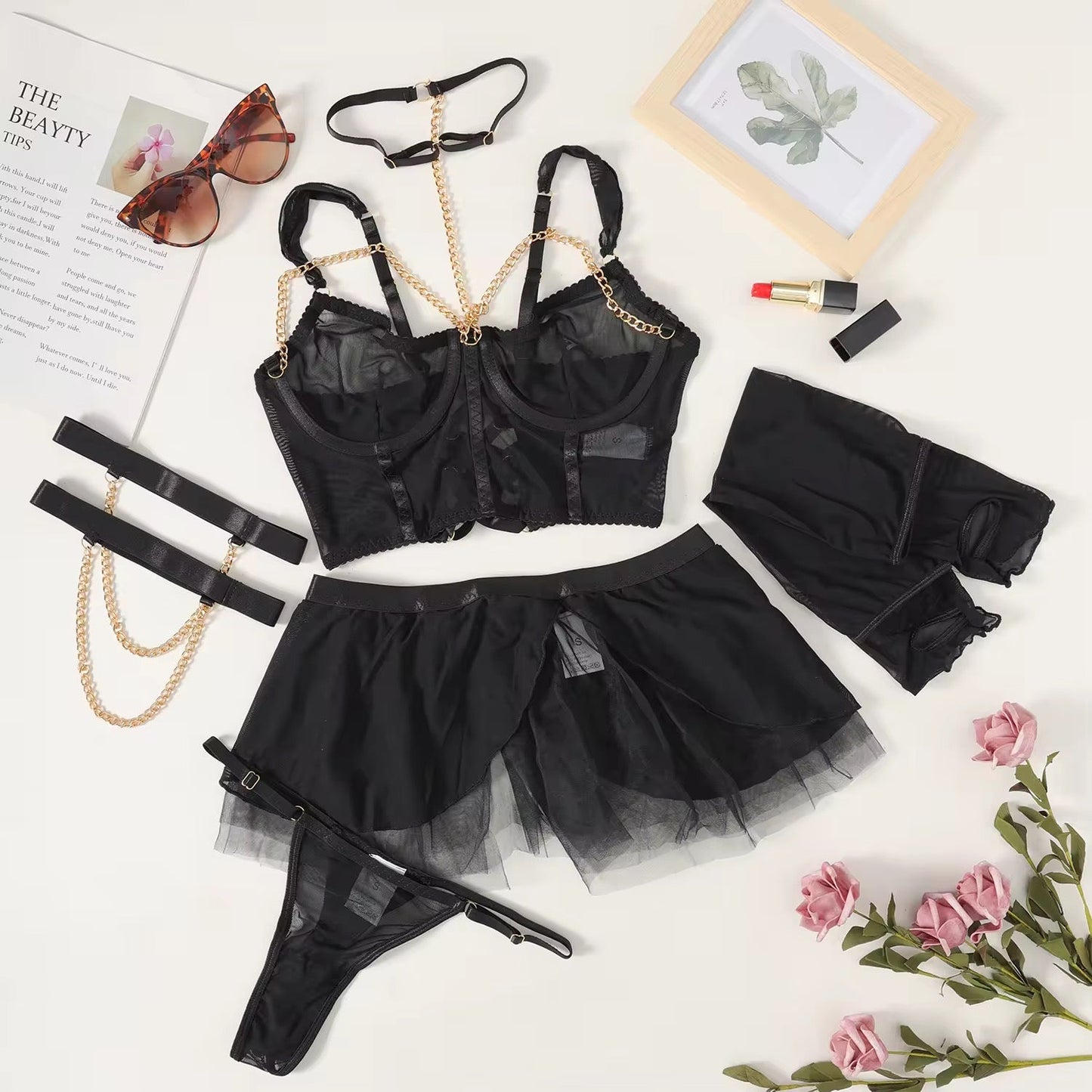 Women's 5 Piece Lingerie Set Chain Decoration Ruffle Corset Babydoll Lingerie Skirt With Gloves