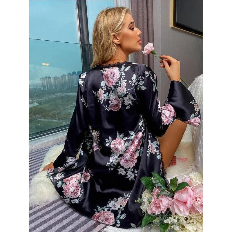 Three Piece Flowers print satin silk Nighty