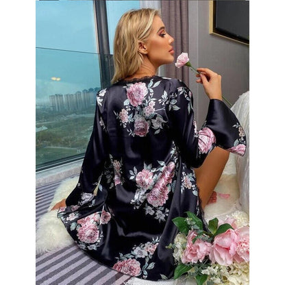 Three Piece Flowers print satin silk Nighty