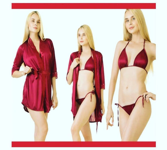 THREE PIECE Silk Nightwear & Lingerie with Short Gown (TWO HEARTS )