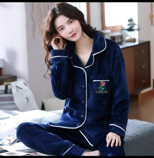 Collar Fleece Button Down Night Dress