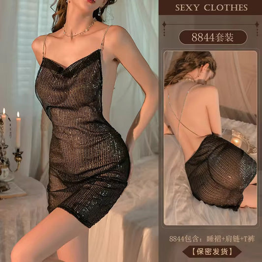 High Quality Shiny Hot Temptation Backless Perspective Women's Sexy Lingerie Short Skirt