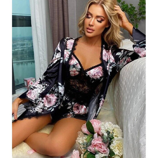 Three Piece Flowers print satin silk Nighty