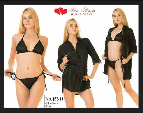 THREE PIECE Silk Nightwear & Lingerie with Short Gown (TWO HEARTS )