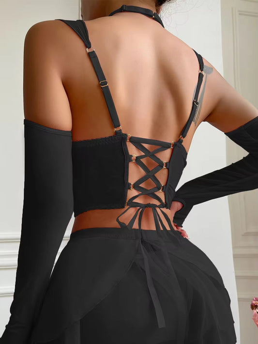 Women's 5 Piece Lingerie Set Chain Decoration Ruffle Corset Babydoll Lingerie Skirt With Gloves