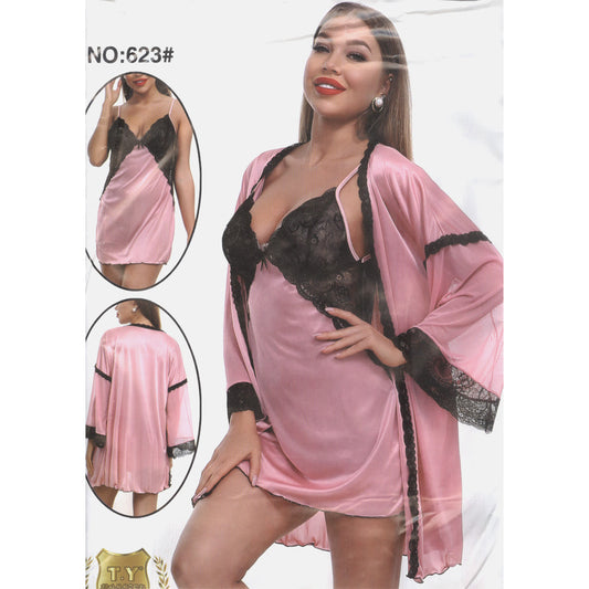 Women 3 Piece Silk Short Nighty With VNeck Shape And Net lace